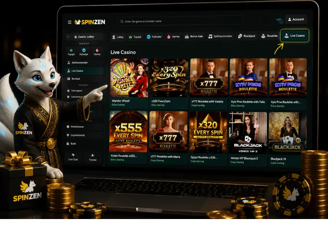 SpinZen live casino med roulette, blackjack og populære live casinospil på laptop