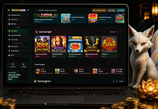 SpinZen varme spil med populære slots, vindere og casinokampagner på laptop