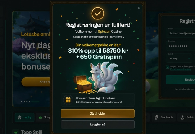 SpinZen casino fullført registrering med velkomstbonus og kattemaskot