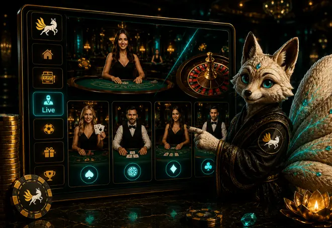 Kasyno na żywo z krupierami, ruletką i maskotką lisa