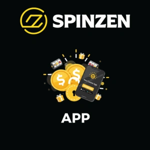 Spinzen logo above a smartphone with coins and slot machine icons, with the word “App” on a dark background.
