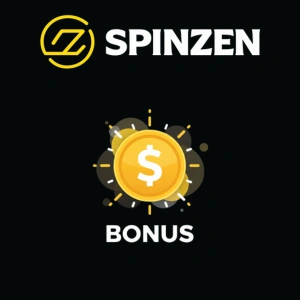 Spinzen logo above a gold coin with a dollar symbol and the word “Bonus” on a dark background.