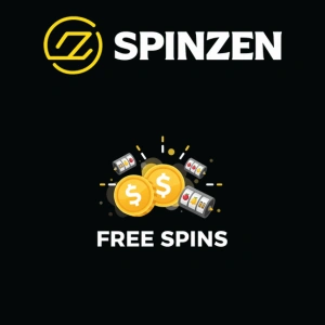 Spinzen logo above two coins with dollar symbols and slot machines, with the words "Free Spins" on a dark background.