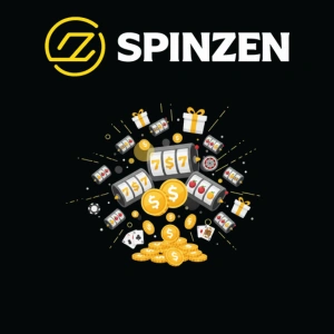 Spinzen Casino logo with graphics showing winning symbols, including slot machines, coins, and cards.