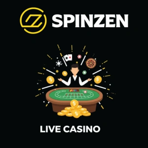 Spinzen logo above a live casino table with a dealer, cards, chips, and coins, with the words “Live Casino” on a dark background.