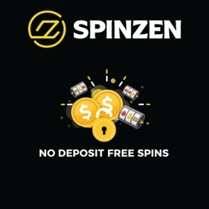Spinzen logo above coins with dollar symbols and slot machines, with the text "No Deposit Free Spins" on a dark background.