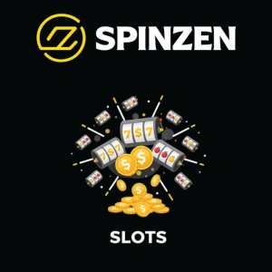 Spinzen logo above slot machine icons, coins, and winning symbols, with the word “Slots” on a dark background.