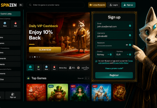 SpinZen casino signup page with VIP cashback offer, games and cat mascot