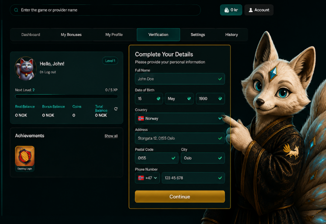SpinZen casino profile verification form with personal details and cat mascot