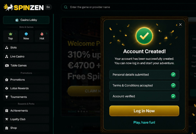 SpinZen casino account creation confirmation with verified details and login button